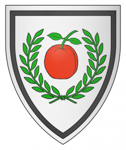 Argent, an apple gules slipped and leaved proper within a laurel wreath vert, and an orle sable.